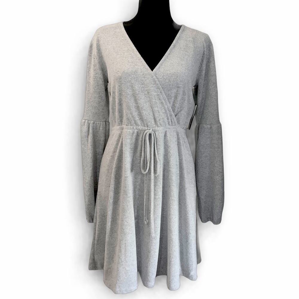 NEW Brushed Faux Wrap Heather Grey Sweater Dress M Long Sleeve